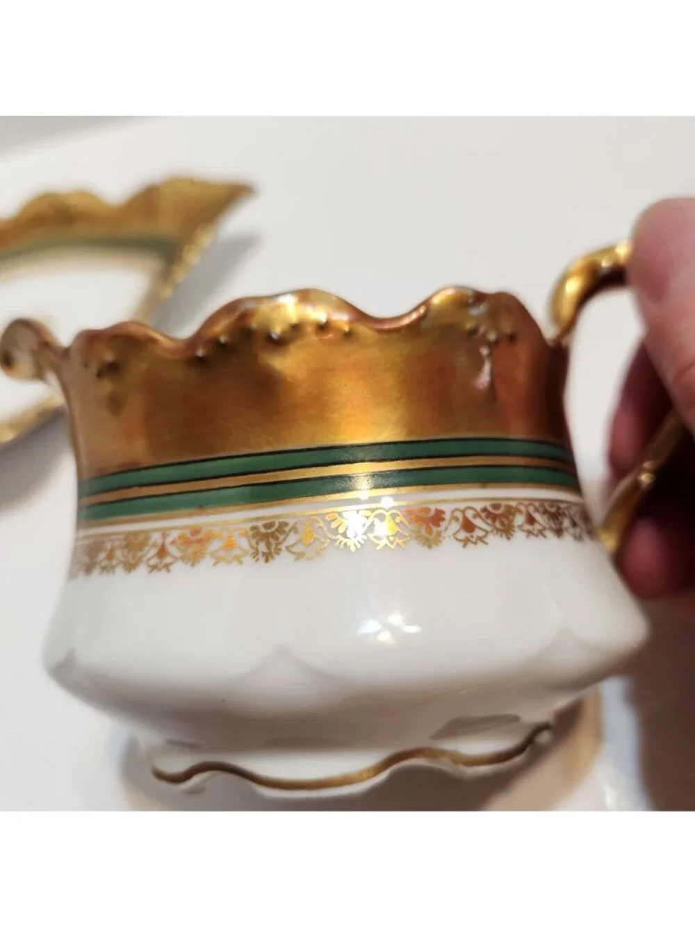 Antique Limoges France B&H Gold Green Trim Porcelain Gravy Boat Underplate READ